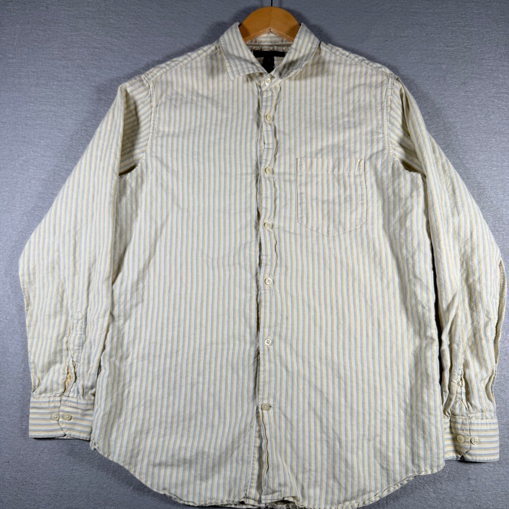 Banana Republic Mens Linen Cotton Striped Button Down Shirt Yellow Blue Medium